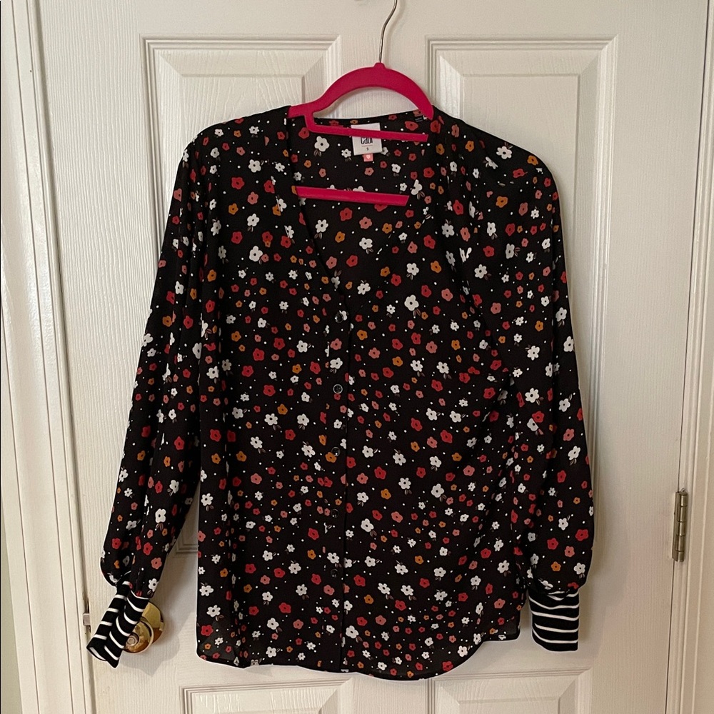 CAbi Floral Blouse - Black with Red and White Accents